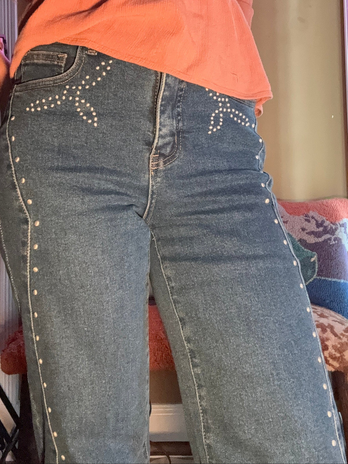 Dark Wash Western Vintage Studded High Rise Wide Leg Jeans