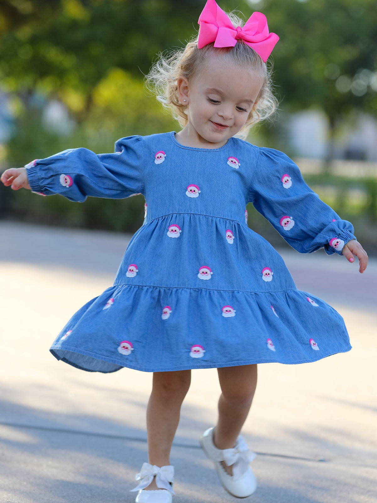 Christmas Santa Embroidered Girls Denim Dress