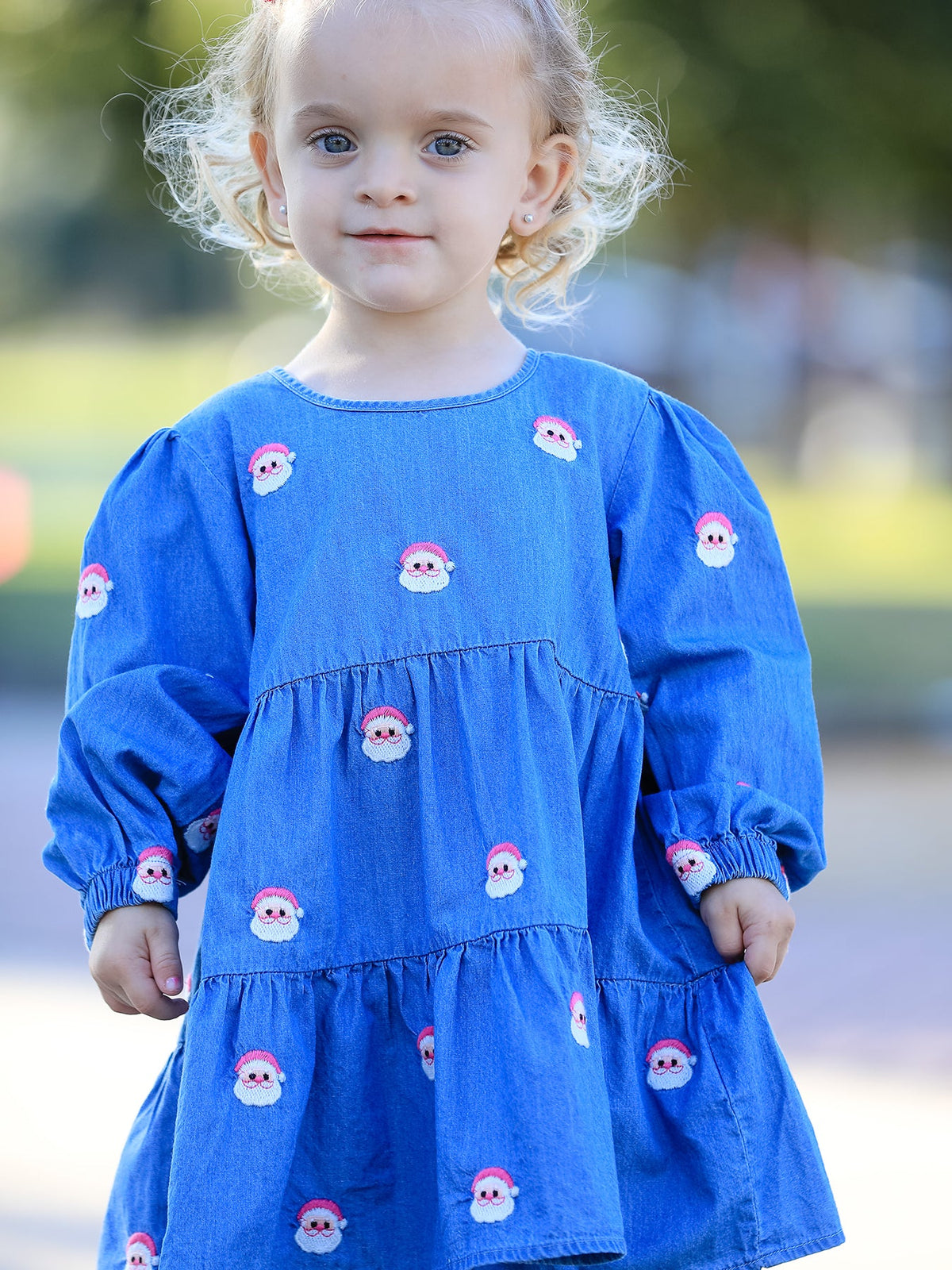 Christmas Santa Embroidered Girls Denim Dress