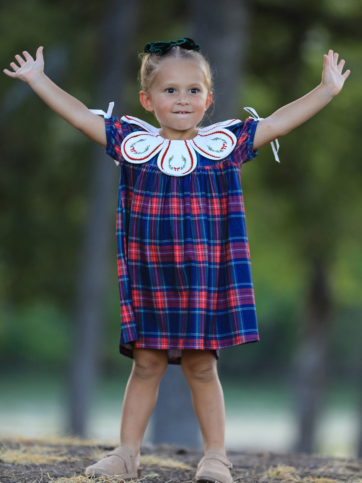 Navy Red Christmas Plaid Wreath Embroidered Girl Dress