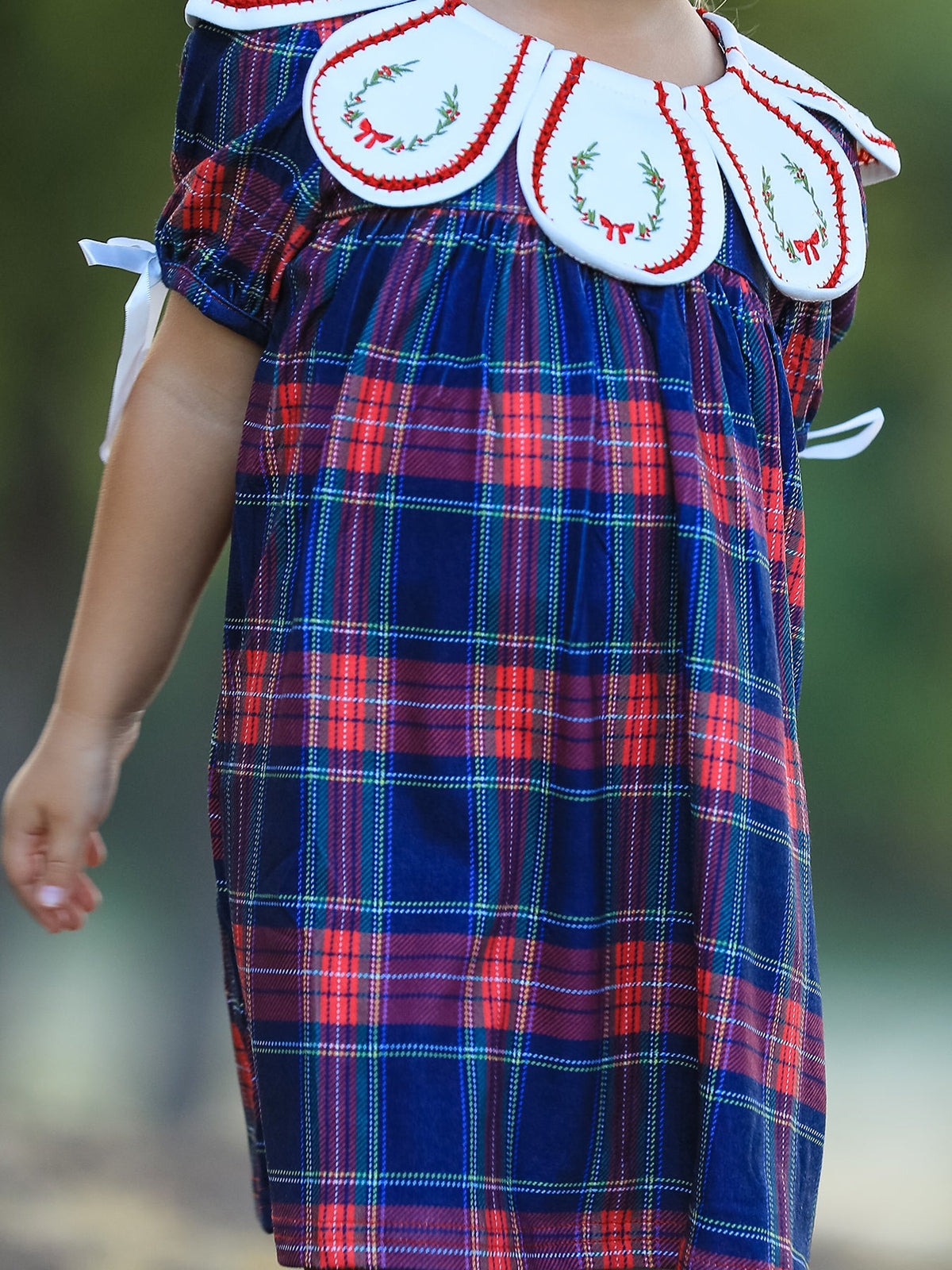Navy Red Christmas Plaid Wreath Embroidered Girl Dress