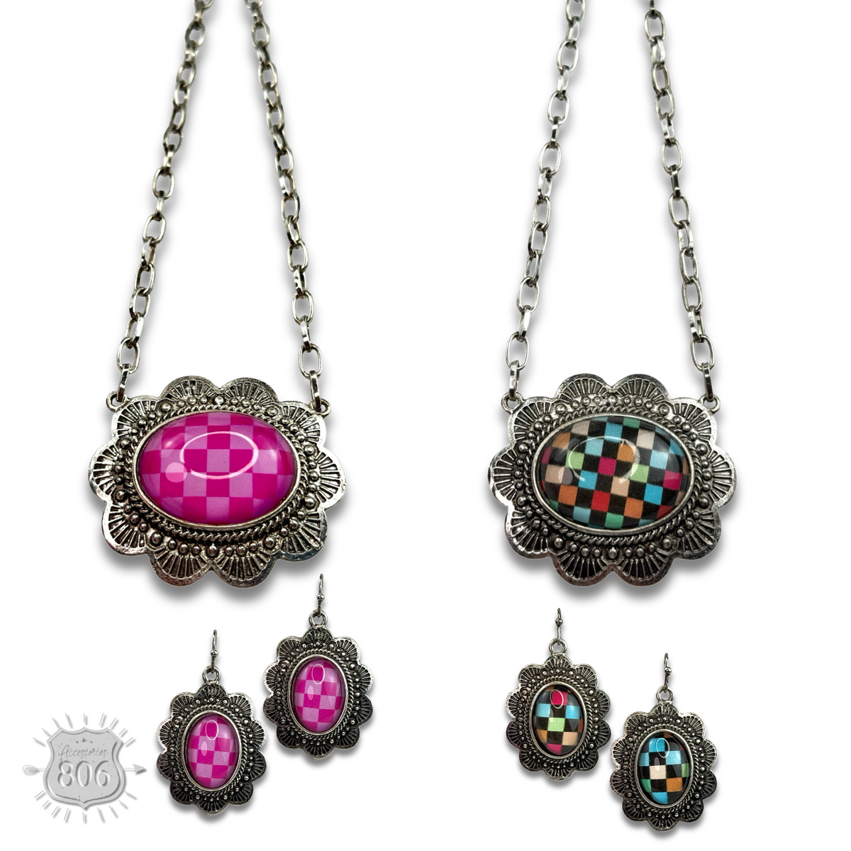 Oval checkerboard pendant necklace