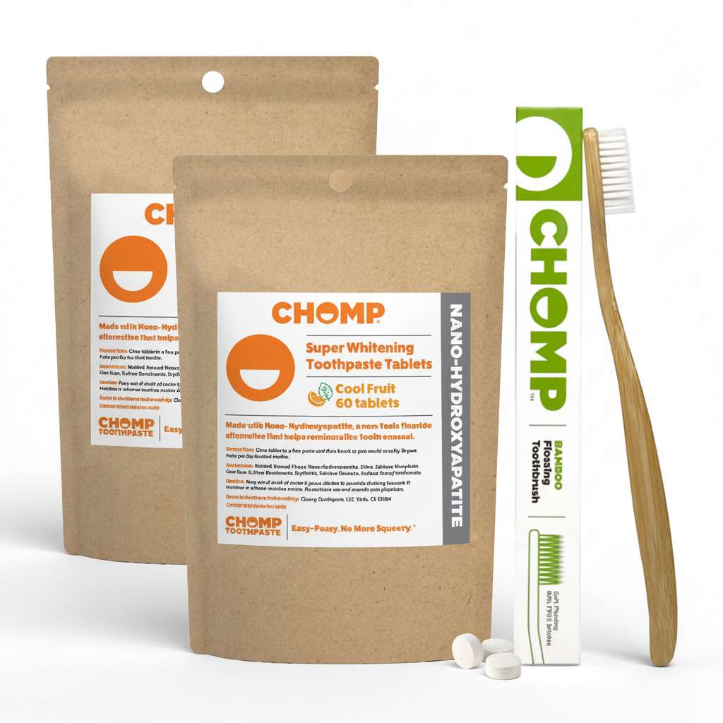 CHOMP Cool Fruit Toothpaste Tablets with NHAP Refills with Flossing Toothbrush