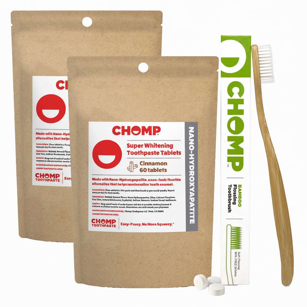 CHOMP Cinnamon Toothpaste Tablets with NHAP Refills with Flossing Toothbrush