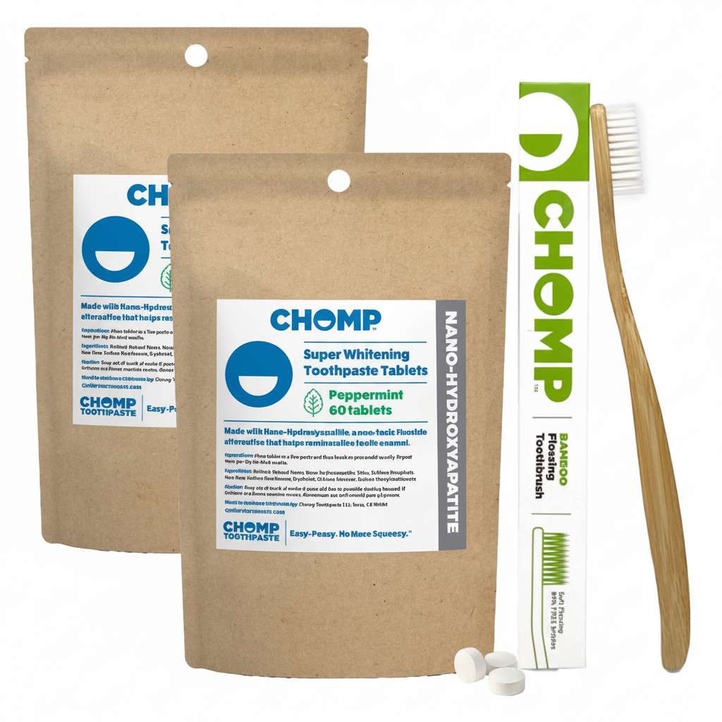 CHOMP Peppermint Toothpaste Tablets with NHAP Refills with Flossing Toothbrush