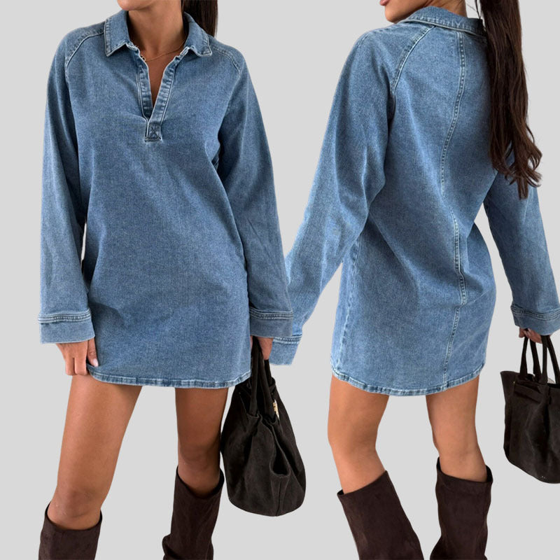 Lapel long-sleeved loose denim dress autumn and winter