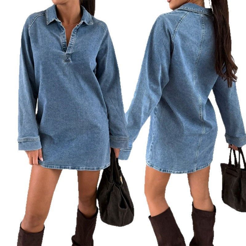 Lapel long-sleeved loose denim dress autumn and winter