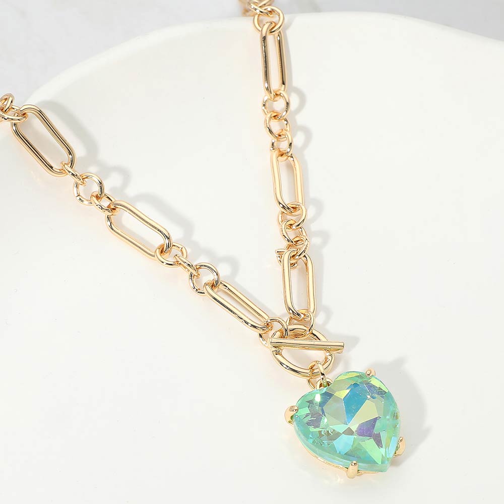 Women's Chunky Heart Stone Cluster Toggle Pendant Statement Necklace