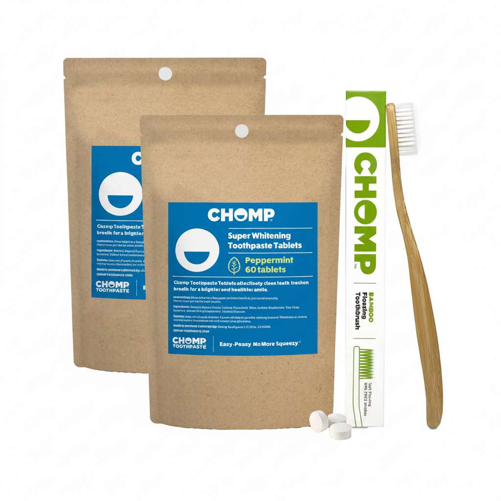 CHOMP Peppermint Toothpaste Tablets Refills with Flossing Toothbrush