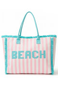 BEACH Letter with Striped Pattern and Frayed Summer Tote Bag