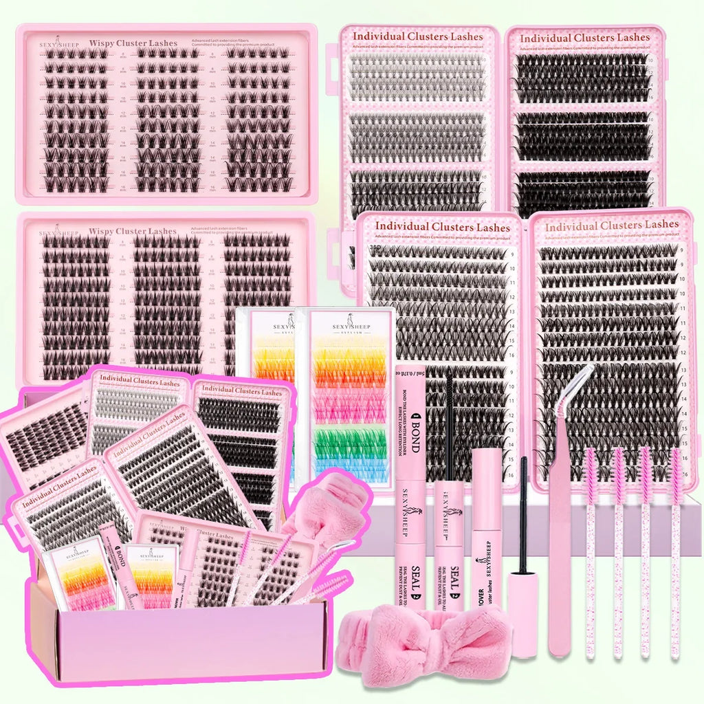 DIY Lash Clusters Kit Mixed Styles Eyelash Extension Full Set Individual Lashes with Lash Bond&Seal and Tweezers Makeup Tool