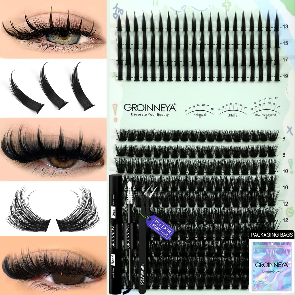 GROINNEYA Lash Clusters Kit Spikes Lash Individuals Eyelash Clusters D-Curly Lash Clusters Kit with Bond and Seal Makeup