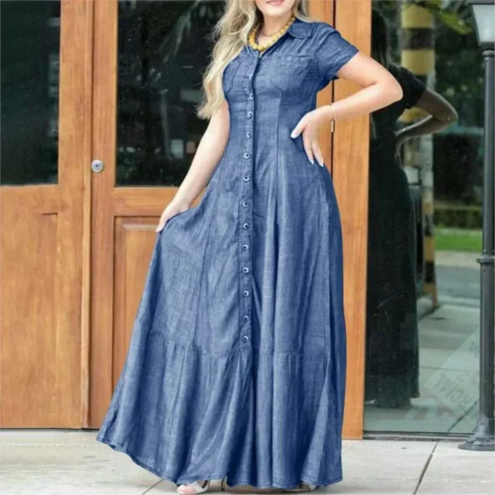 2024 Women New Lapel Pocket Splicing Casual Short Sleeved Solid Color Large Swing Denim Dress Loose Single Breasted Shirt Dress