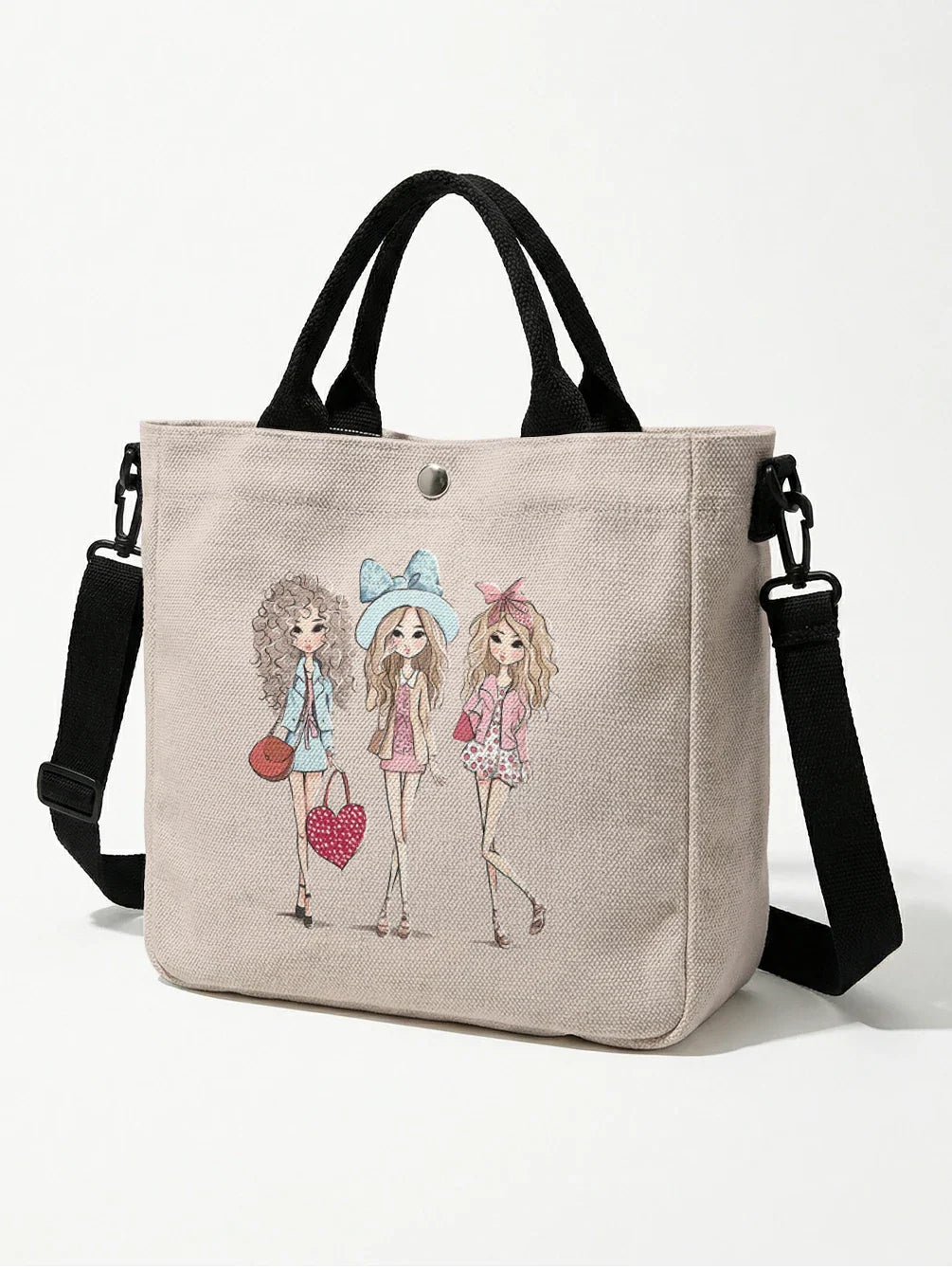 Cartoon Heart Print Tote Bag With Detachable Crossbody Strap For Women Everyday Use