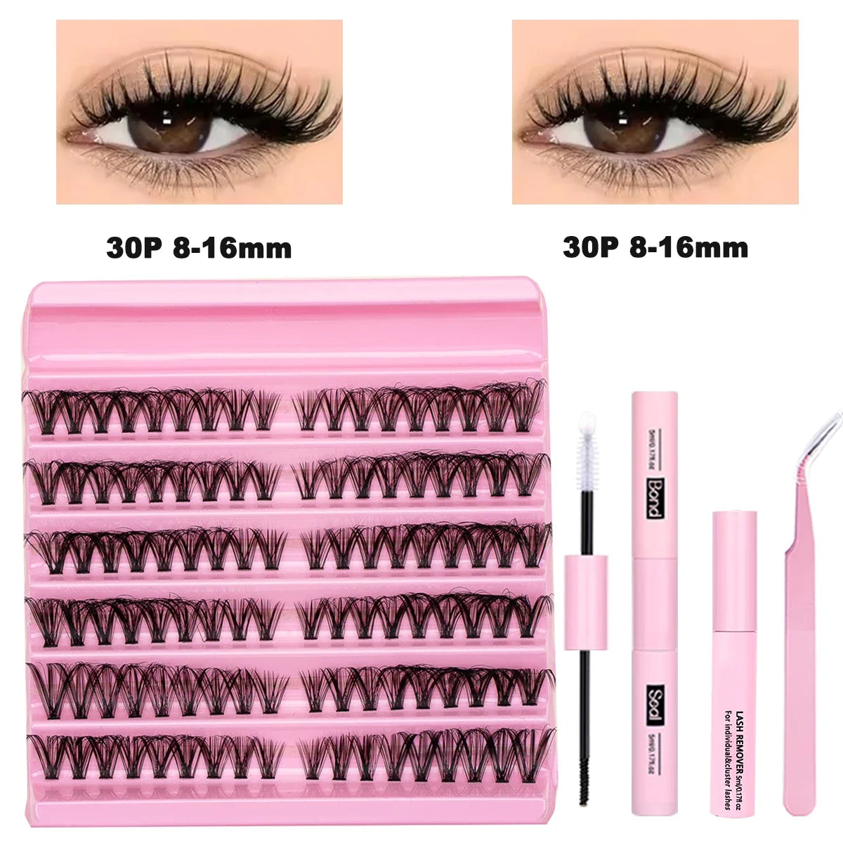 DIY Lash Clusters Kit Mixed Styles Eyelash Extension Full Set Individual Lashes with Lash Bond&Seal and Tweezers Makeup Tool
