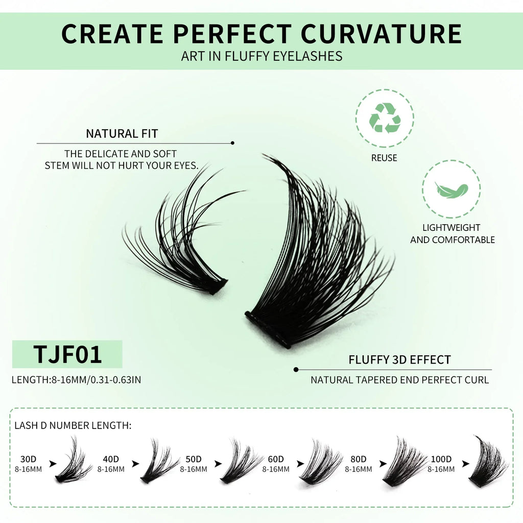 GROINNEYA DIY Lash Clusters Kit Mixed Tray Eyelash Extension Full Set Individual Lashes with Lash Bond&Seal and Tweezers Tool