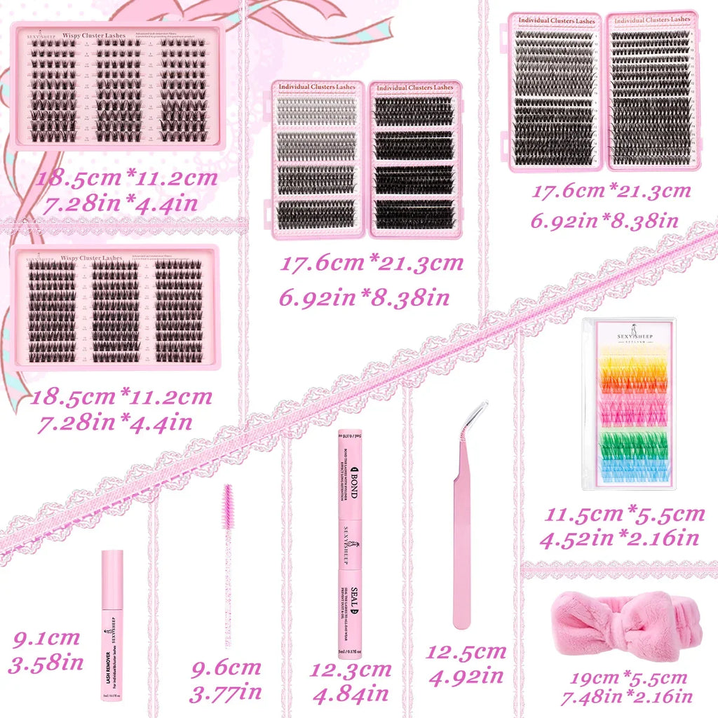 DIY Lash Clusters Kit Mixed Styles Eyelash Extension Full Set Individual Lashes with Lash Bond&Seal and Tweezers Makeup Tool