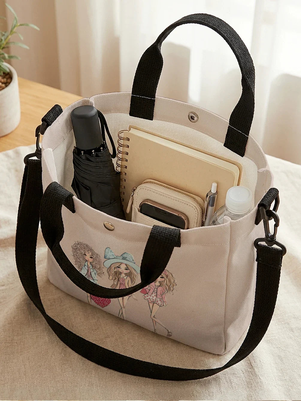 Cartoon Heart Print Tote Bag With Detachable Crossbody Strap For Women Everyday Use