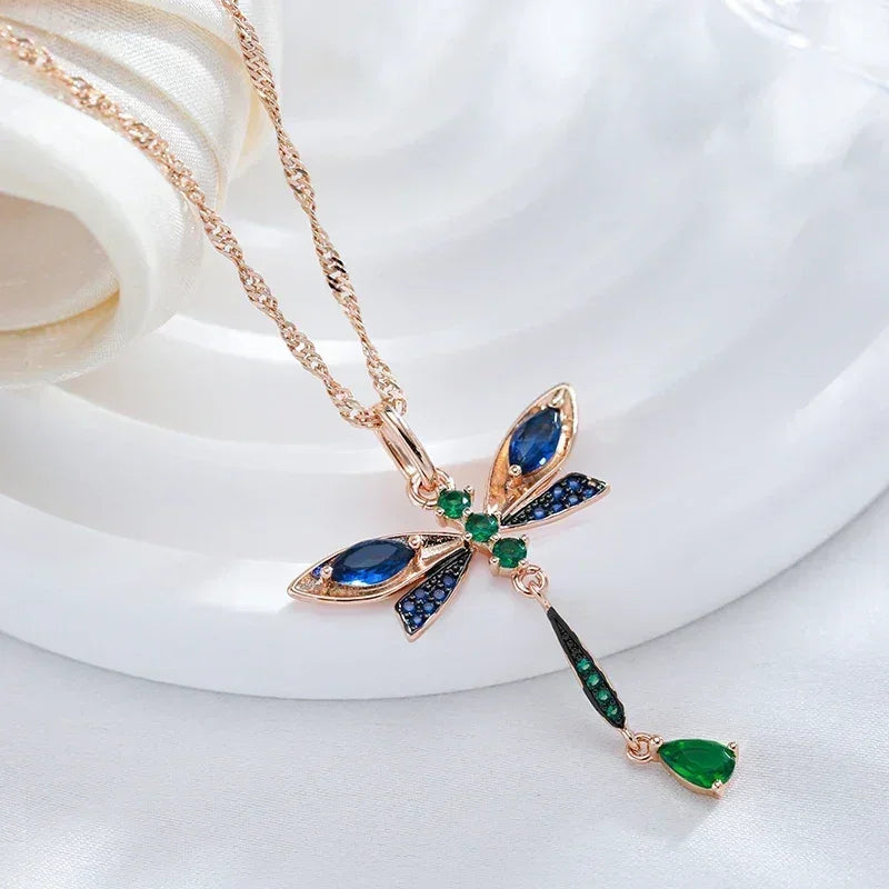 Kinel Hot Blue Natural Zircon Dragonfly Pendant Necklace For Women 585 Rose Gold and Black Plating Vintage Daily Fine Jewelry