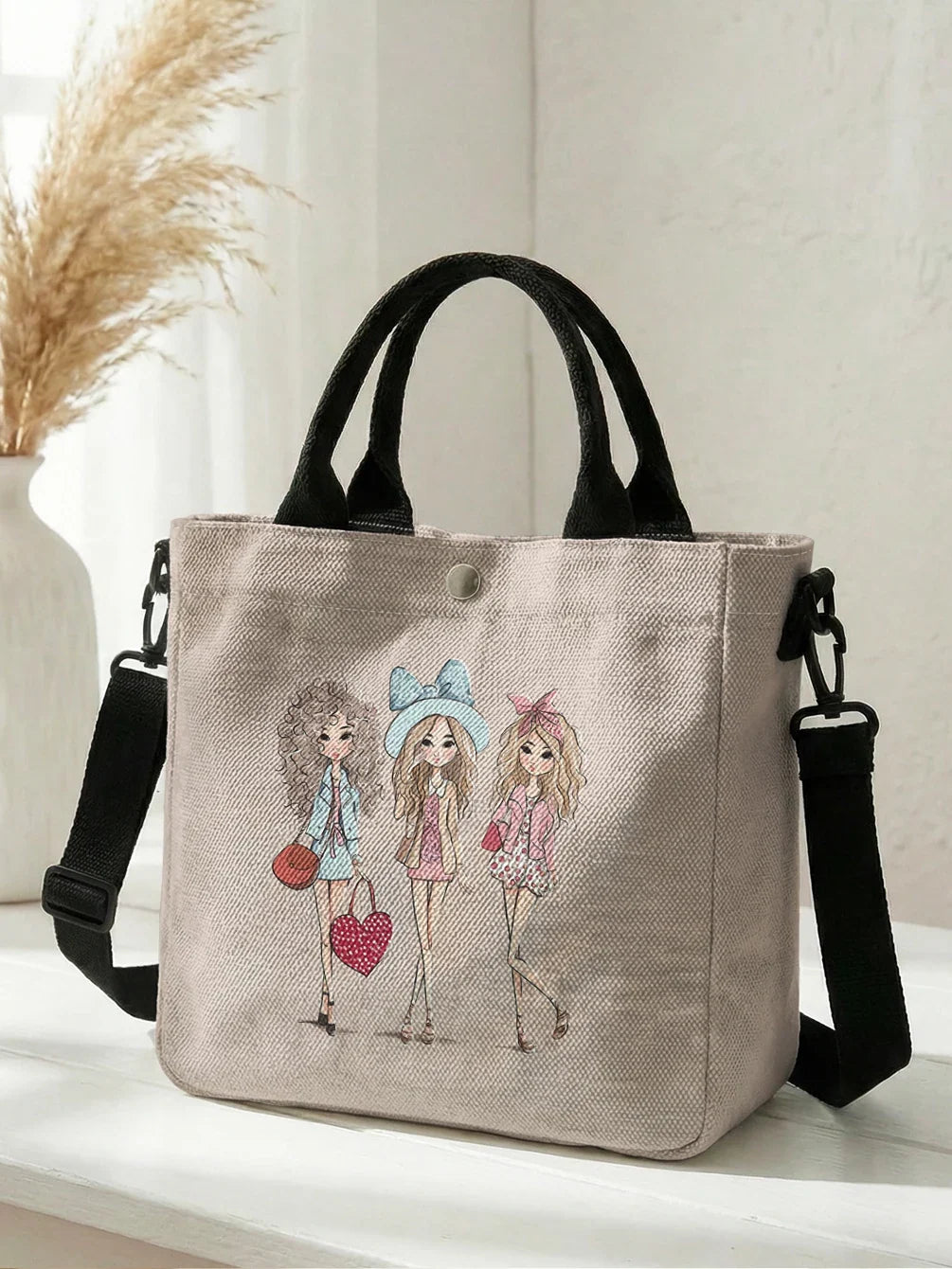 Cartoon Heart Print Tote Bag With Detachable Crossbody Strap For Women Everyday Use