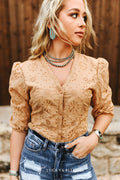 Prairie Rose Eyelet Top — Camel Pearl Snap V-Neck