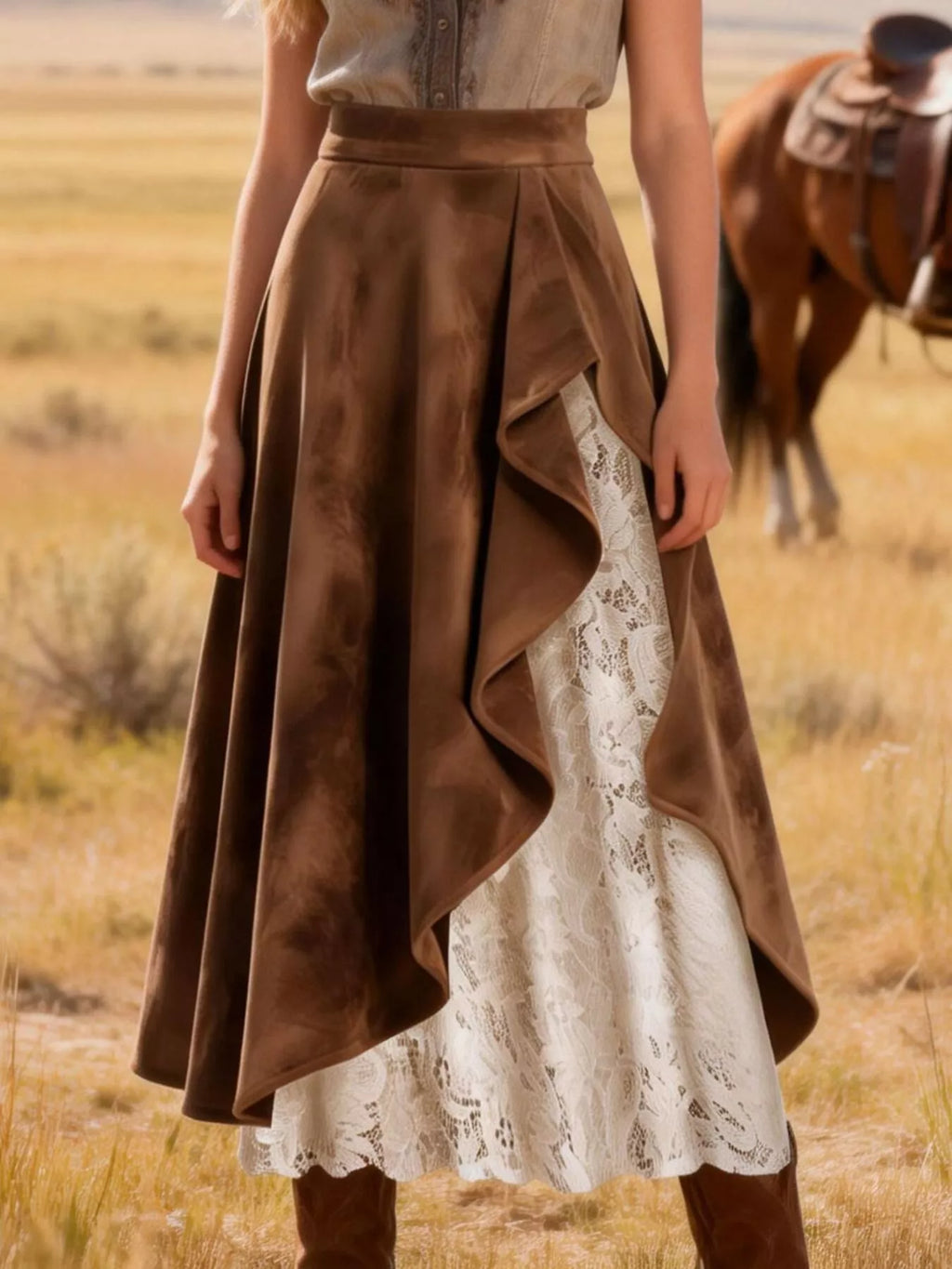 Suede & Lace Midi Skirt
