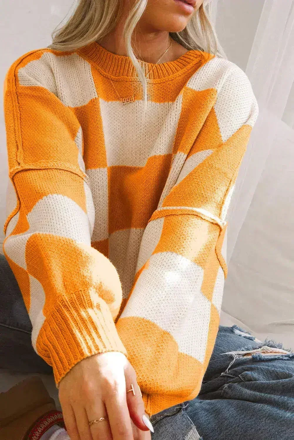 Orange Checkered Bishop Sleeve Sweater - Femstylo