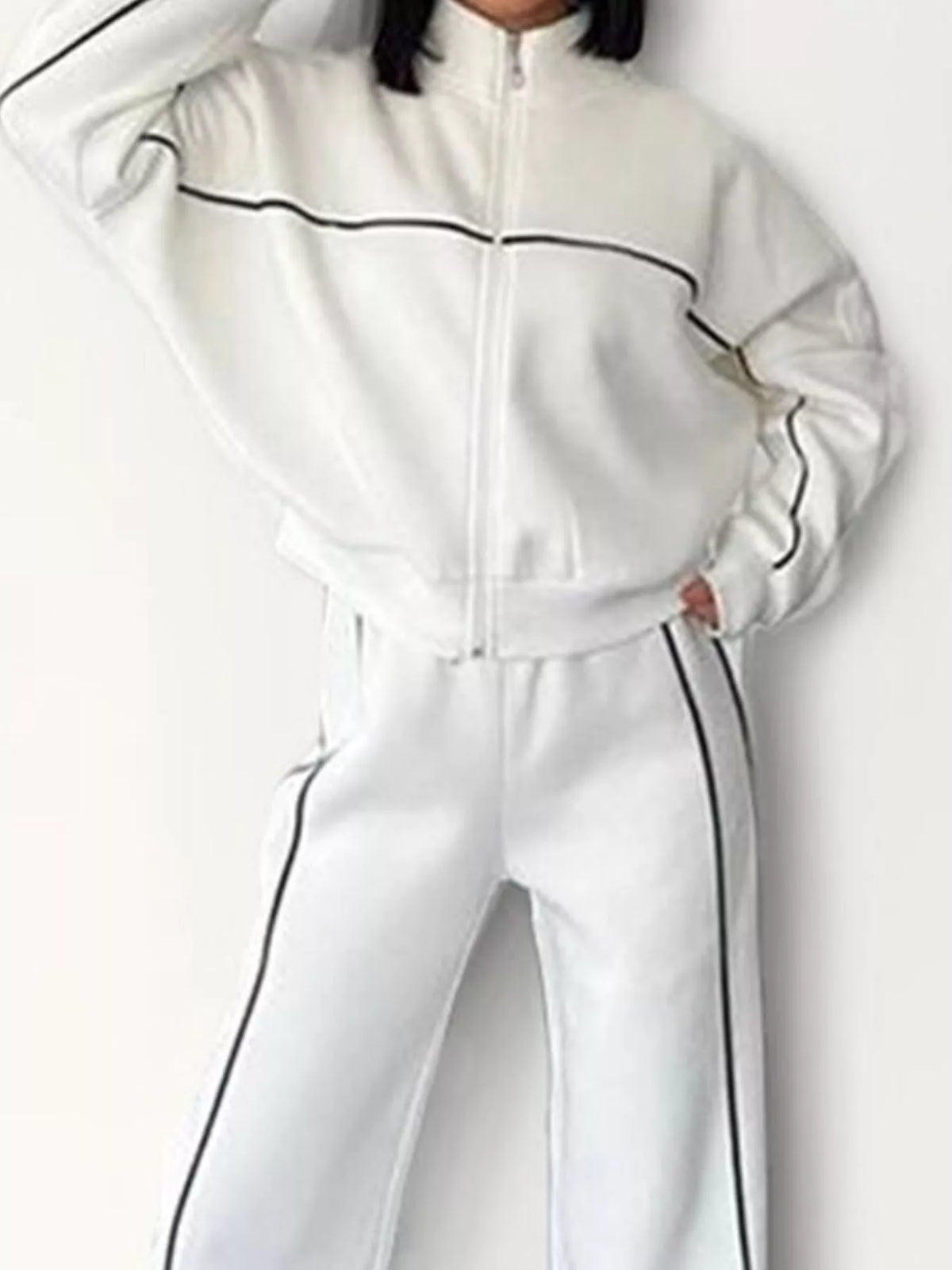 Full Size Zip Up Long Sleeve Top and Pants Set Plus Size