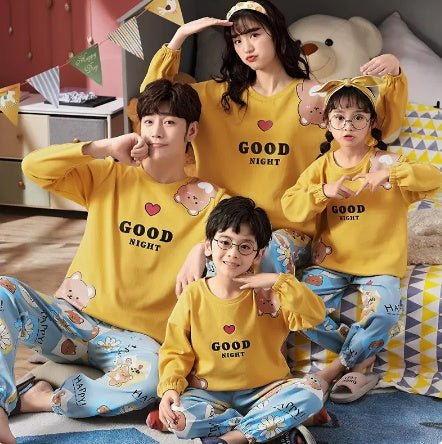 A Family Of Three Or Four Long Sleeved Cotton Pajamas Set