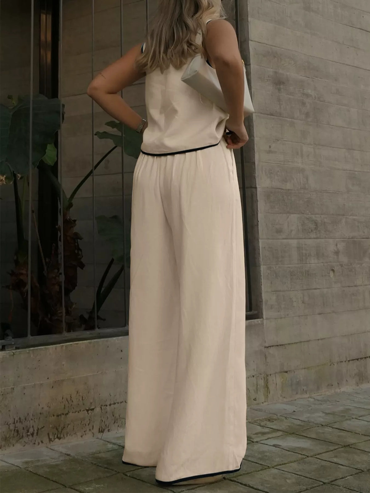 Contrast Trim Top and Wide Leg Pants Set