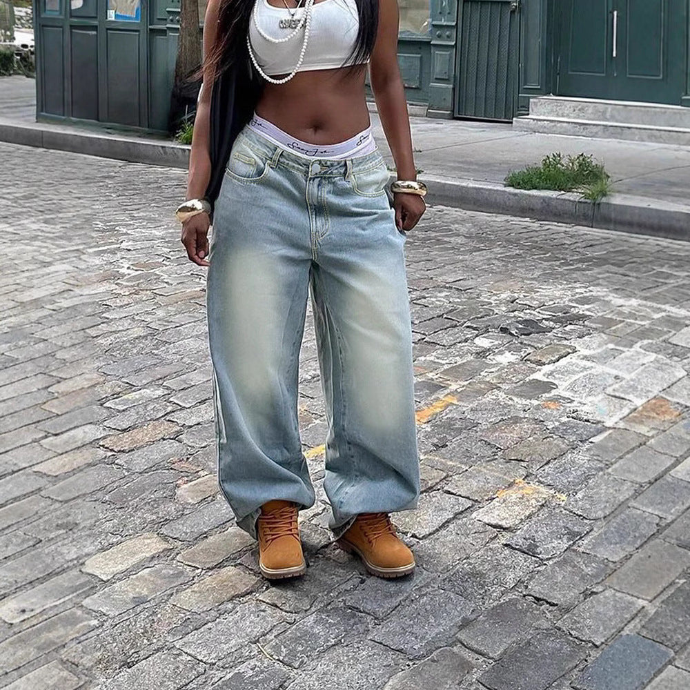American-style Distressed Washed-out Denim Jeans