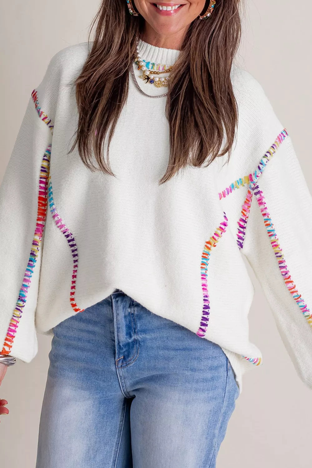 Rainbow Stitching Long Sleeve Relaxed Sweater