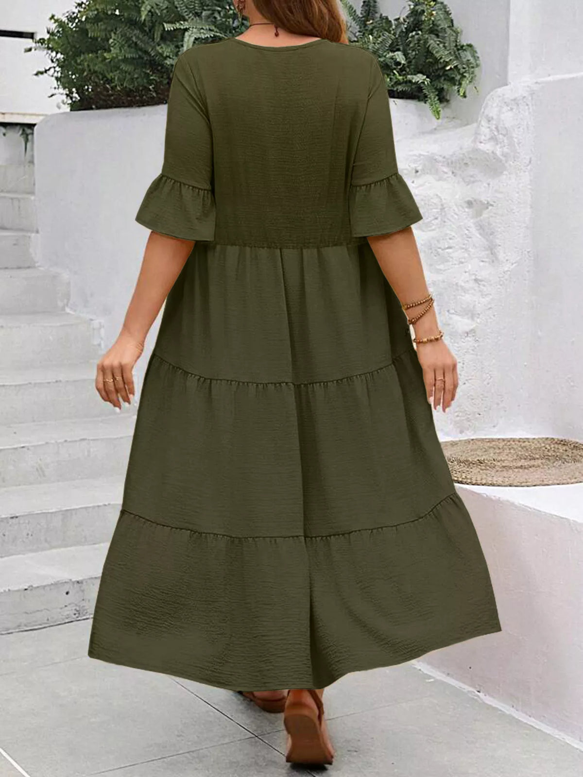 Ruffle Sleeves Tiered Midi Dress