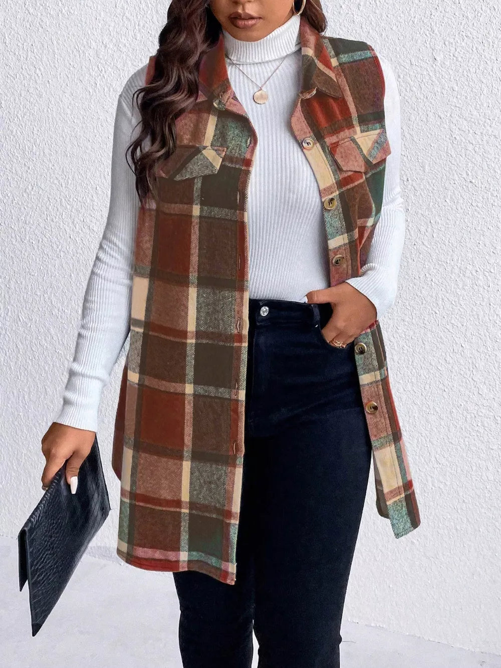 Pocketed Plaid Button Up Vest Coat