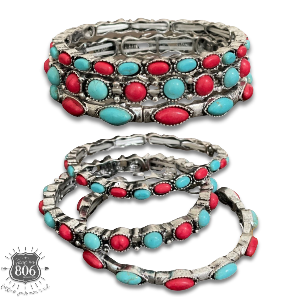 Three piece stone stretch bracelet set
