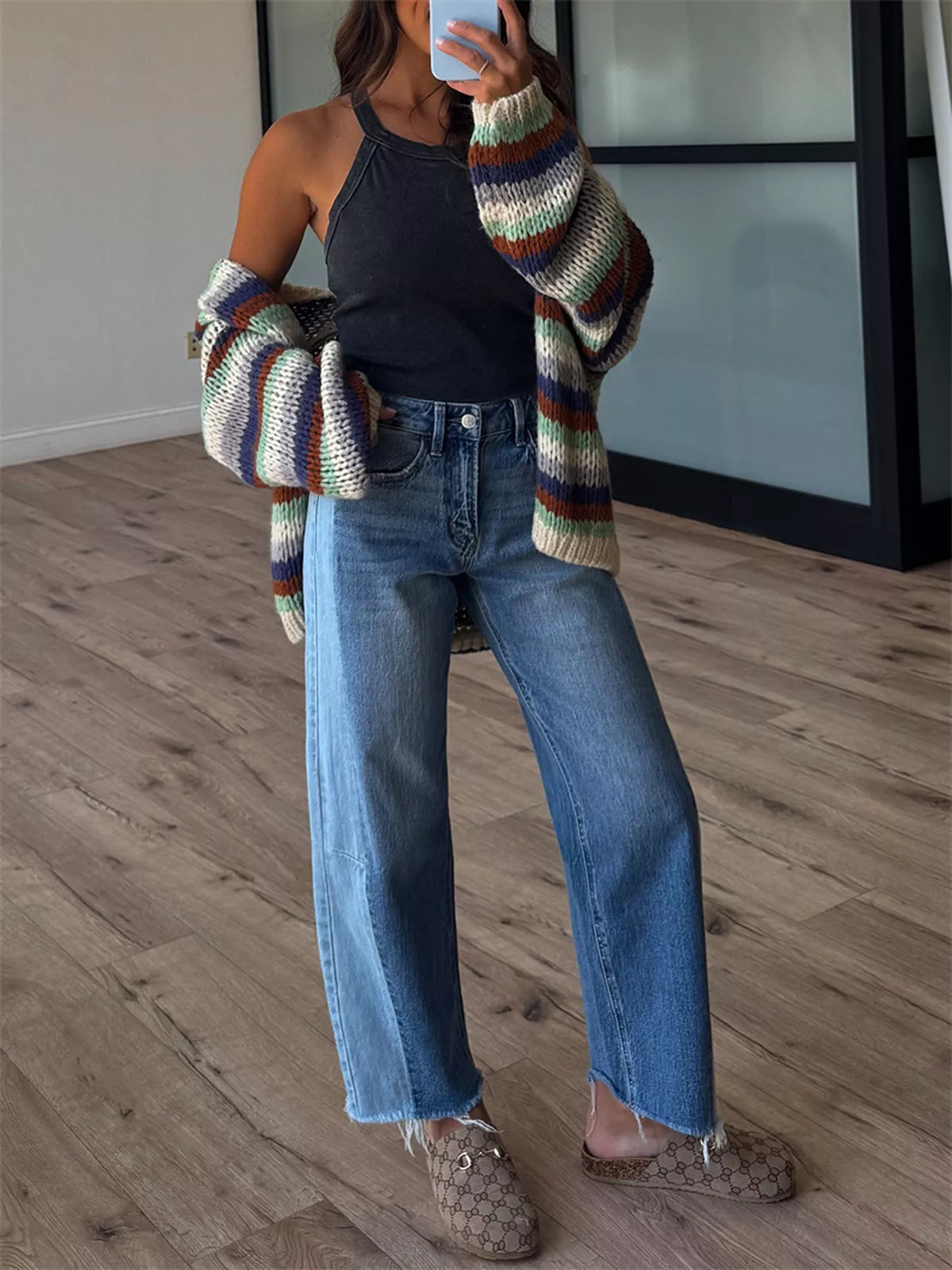 Multi-Color Striped Chunky Knit Open-Front Cardigan