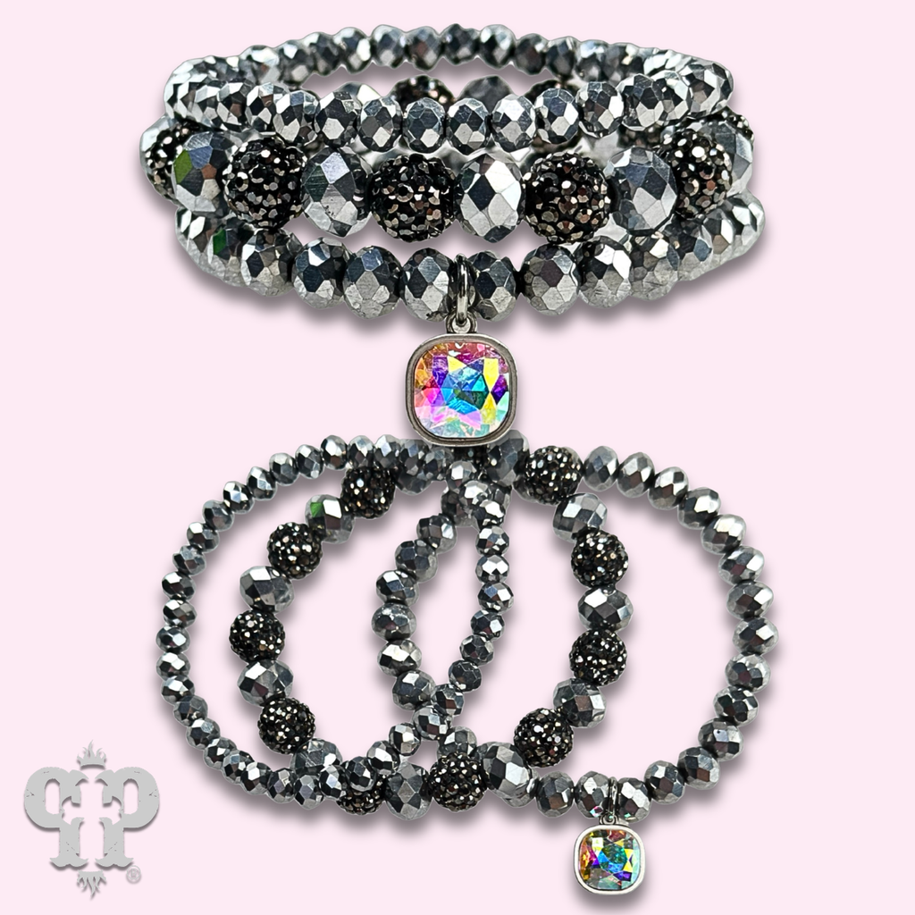 Pave ball and glossy glass bead bracelet with a European crystal