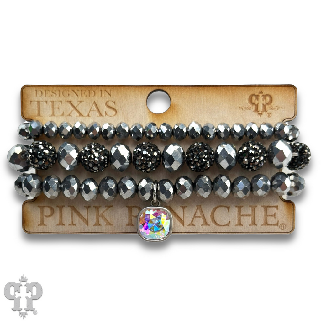 Pave ball and glossy glass bead bracelet with a European crystal