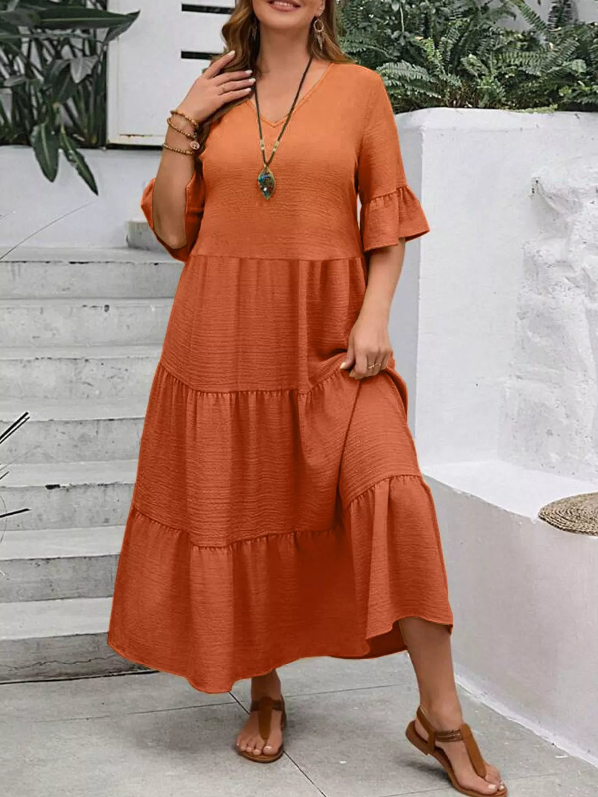 Ruffle Sleeves Tiered Midi Dress
