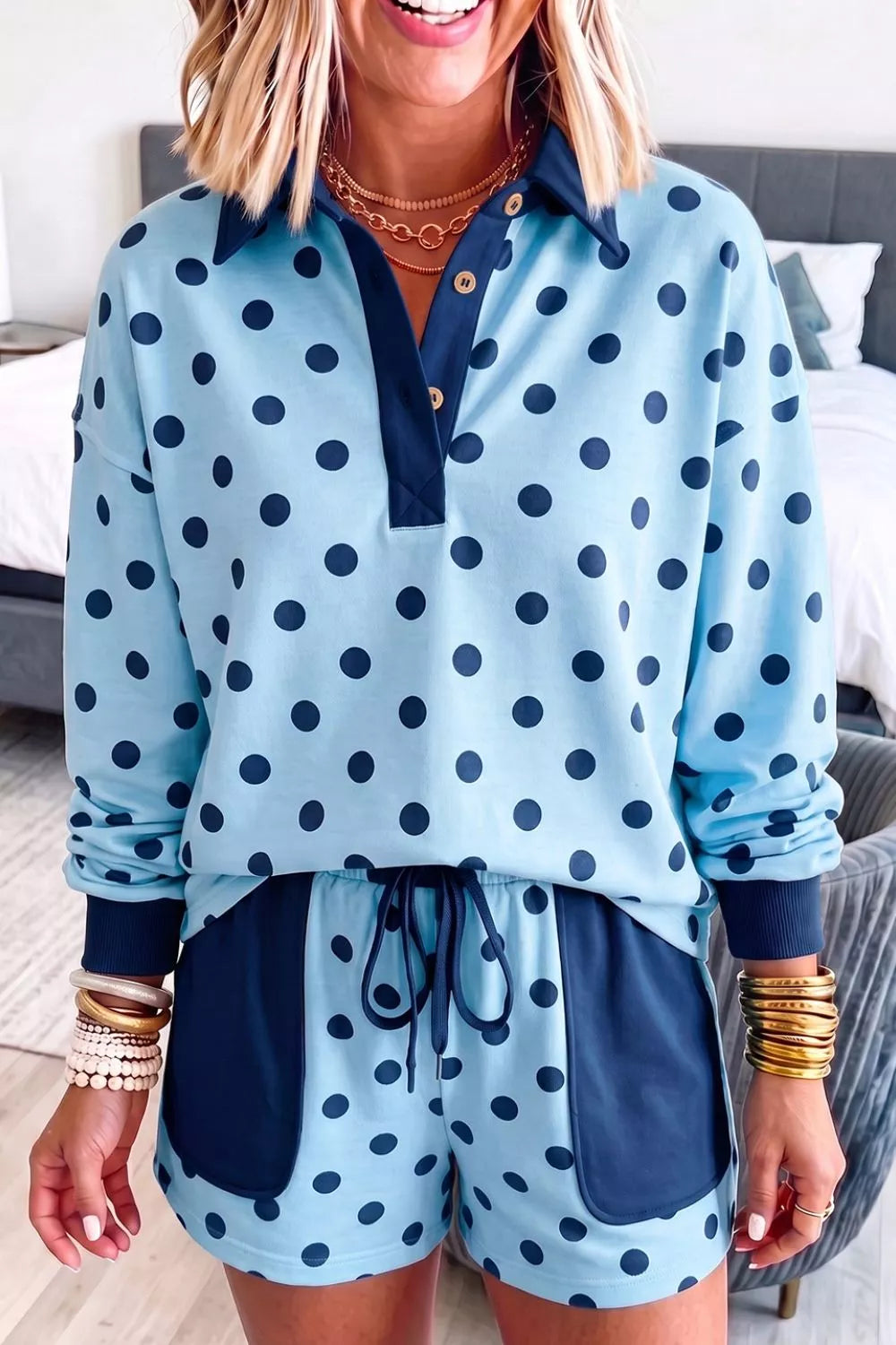 Polka Dot Drop Shoulder Polo Loose Pullover Patch Pocket Casual Shorts Set