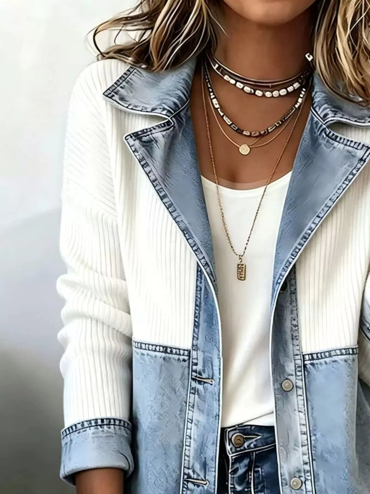 Block Denim and Knit Patchwork Casual Jacket