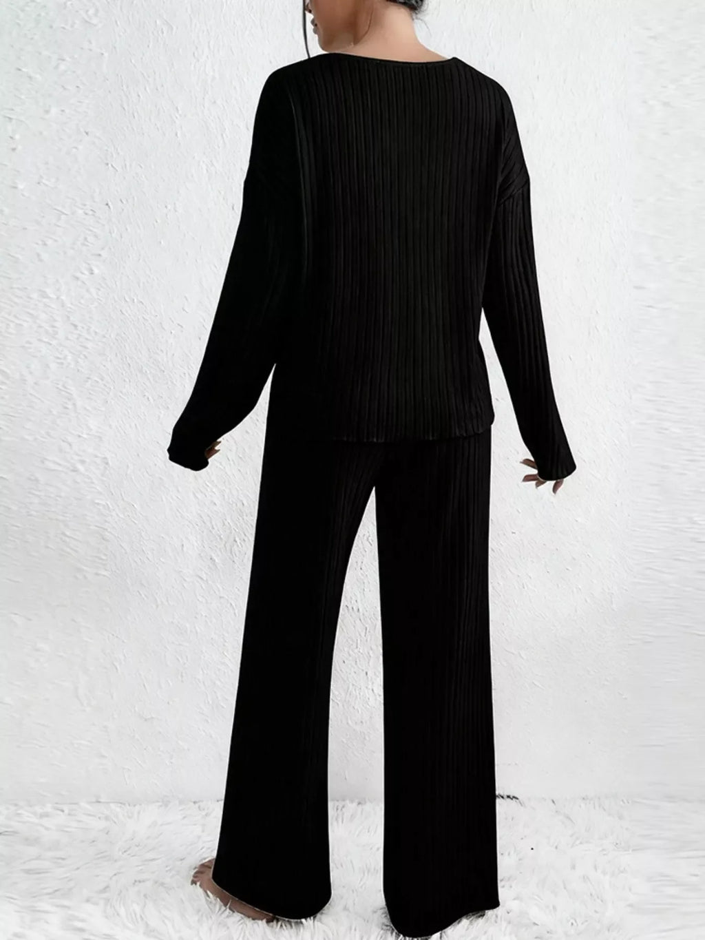 Ribbed Knit V-Neck Top and Pants Set