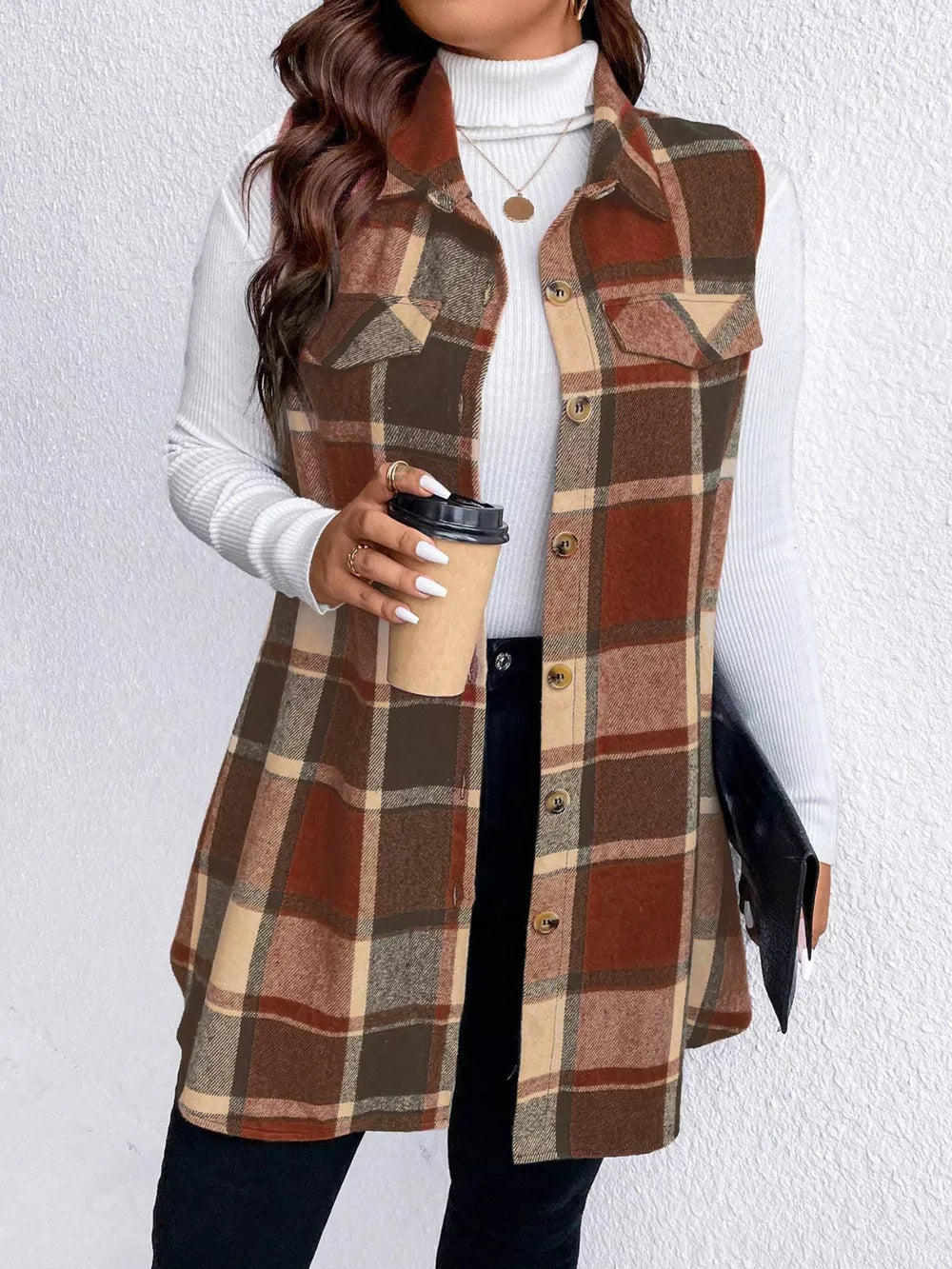 Pocketed Plaid Button Up Vest Coat