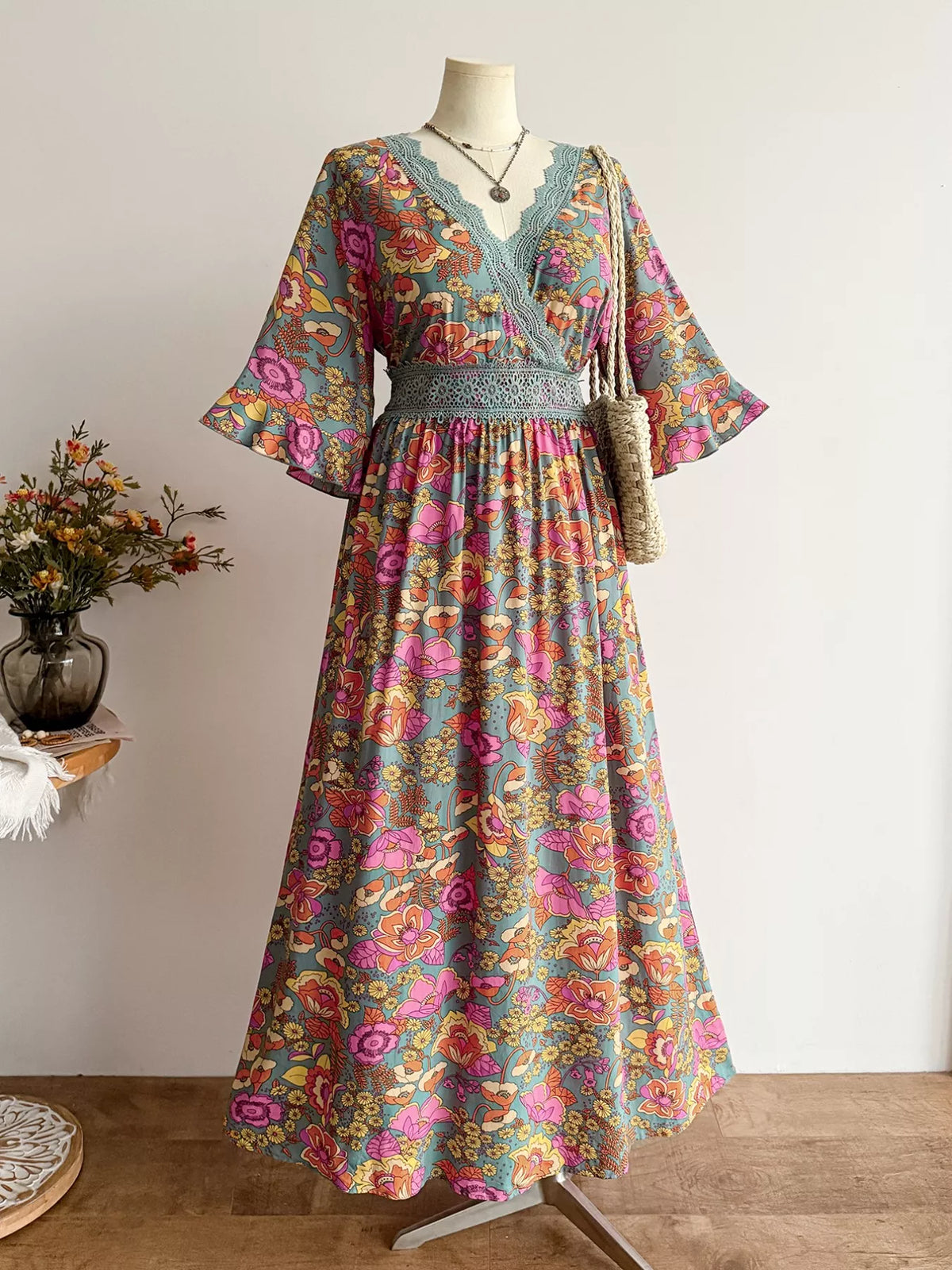 Lace Detail Floral Surplice Dress