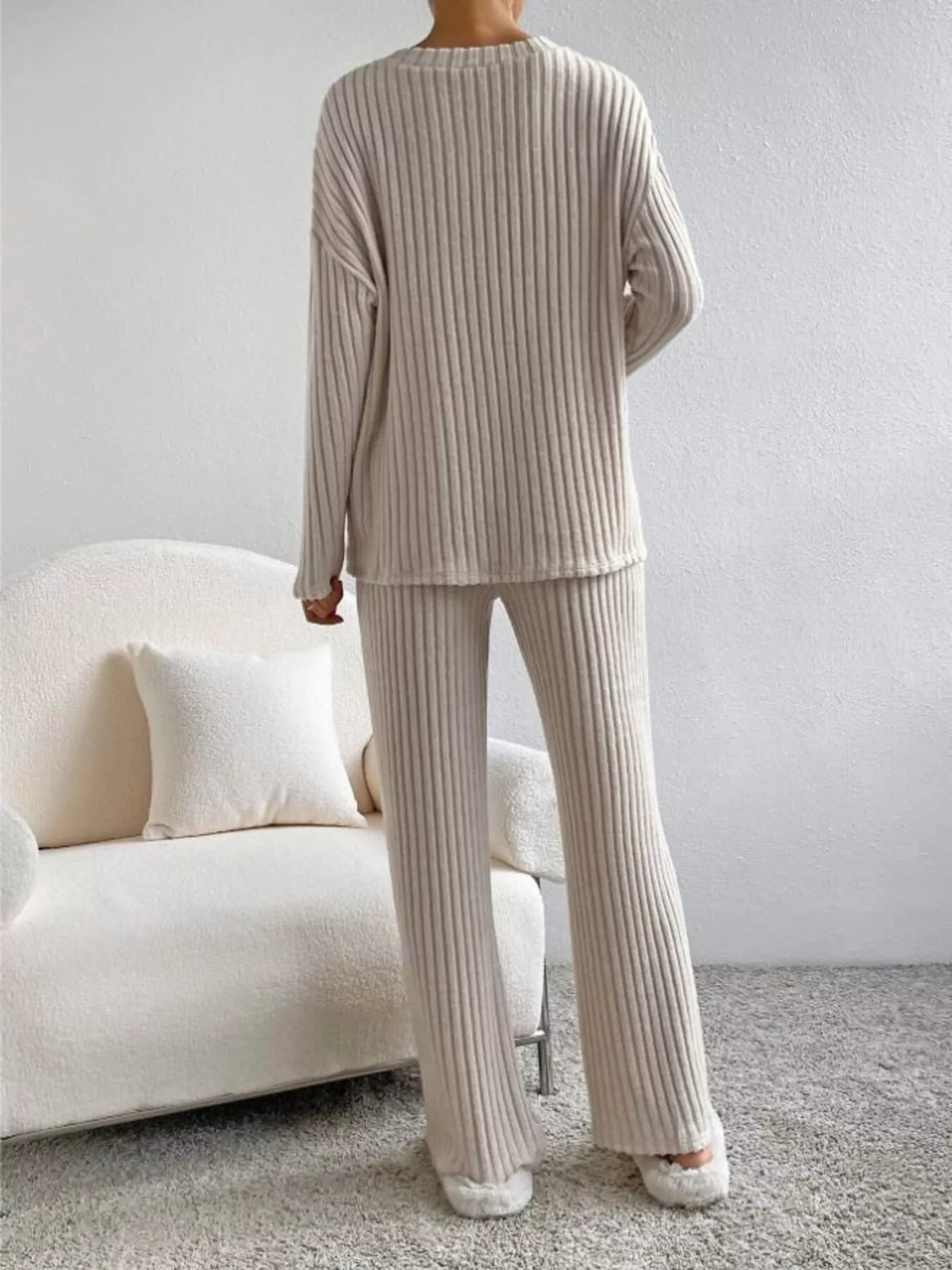Ribbed Knit V-Neck Top and Pants Set
