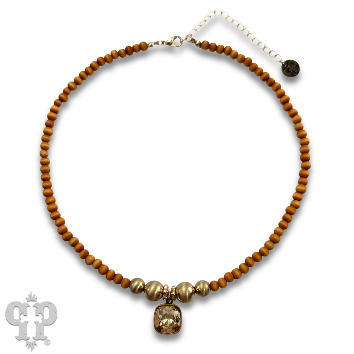 Round wood and brushed gold bead necklace with a crystal from Swarovski®, last call