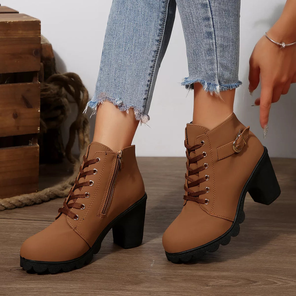 Lace-Up Buckle Chunky Heel Ankle Boots