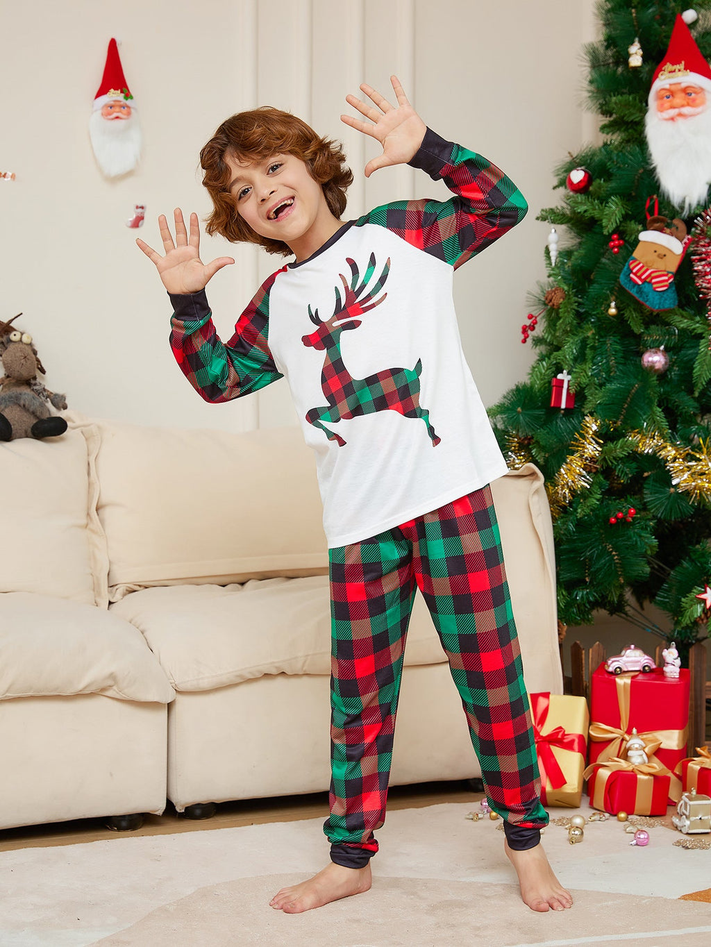 Christmas Parent-child Cartoon Elk Plaid Printed Pajamas Set