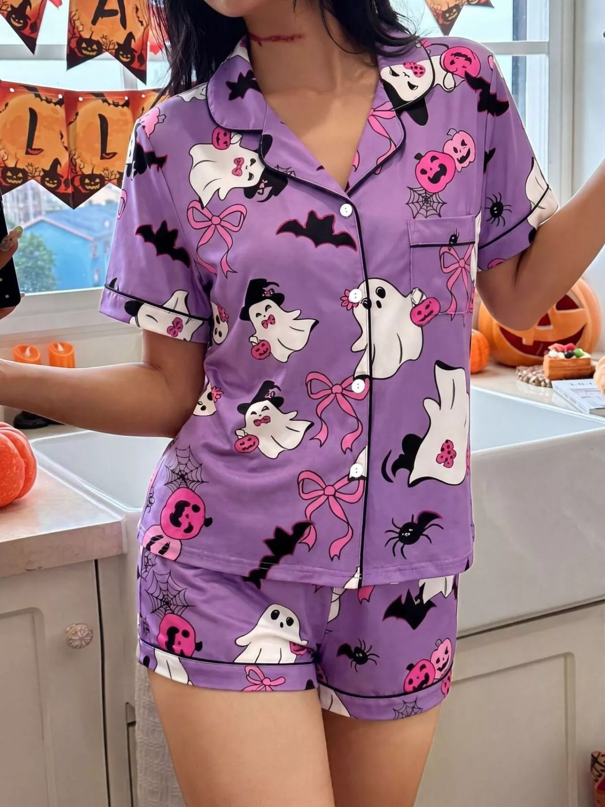 Halloween Ghost Print Button-Down Top and Shorts Lounge Set