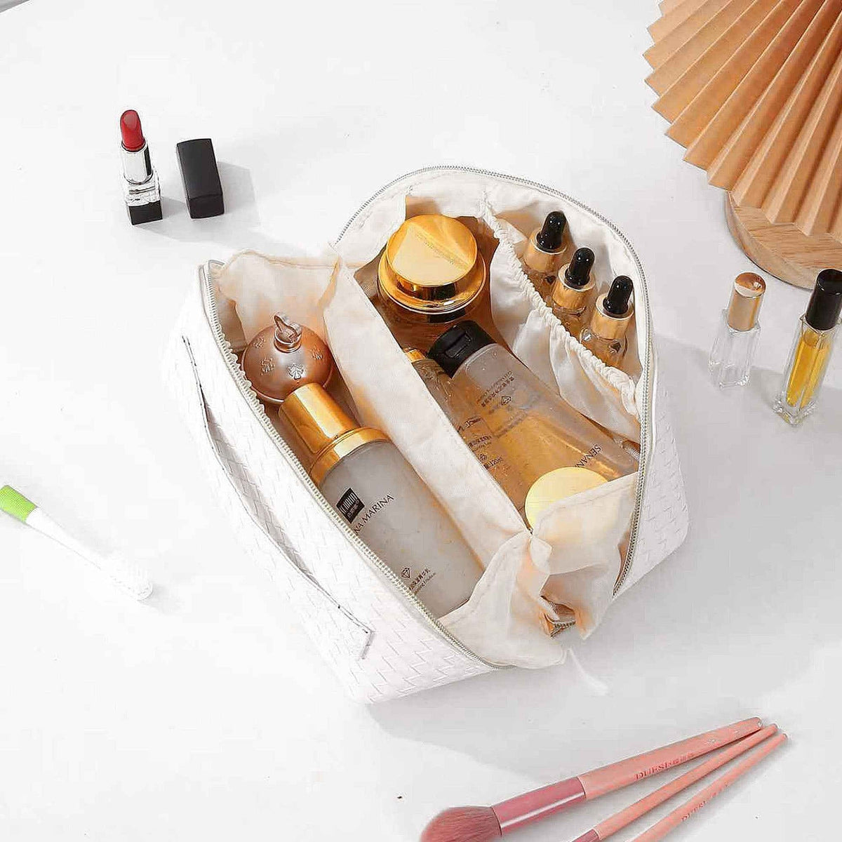 Compact Makeup & Toiletry Bag – Travel Organizer with Brush Slot